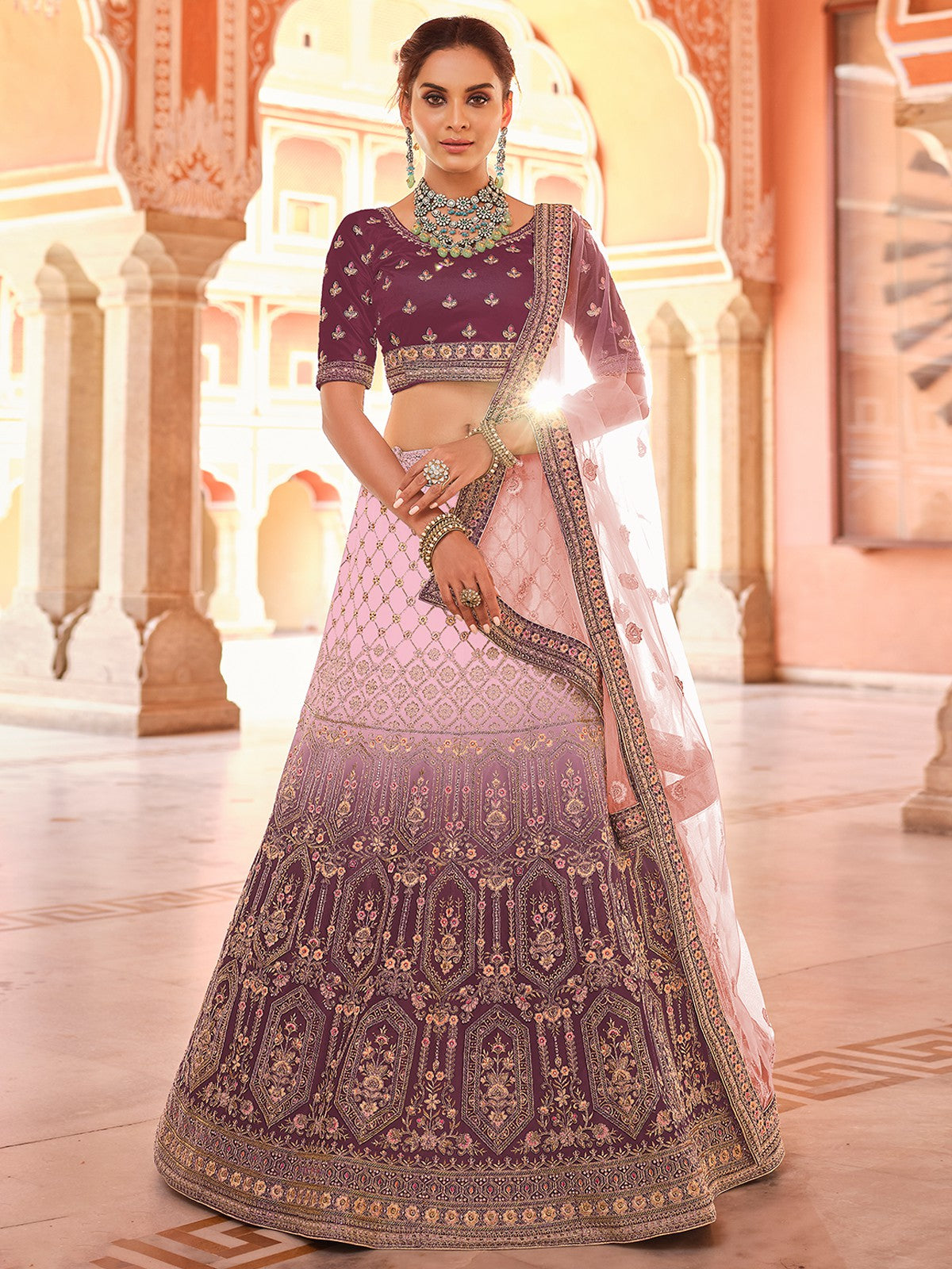 Purple Embroidered Velvet Semi Stitched Lehenga With Unstitched Blouse
