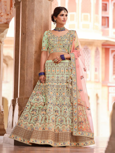 Green Embroidered Crepe Semi Stitched Lehenga With Unstitched Blouse