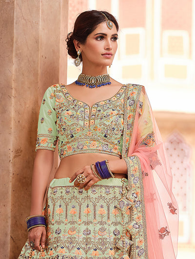 Green Embroidered Crepe Semi Stitched Lehenga With Unstitched Blouse
