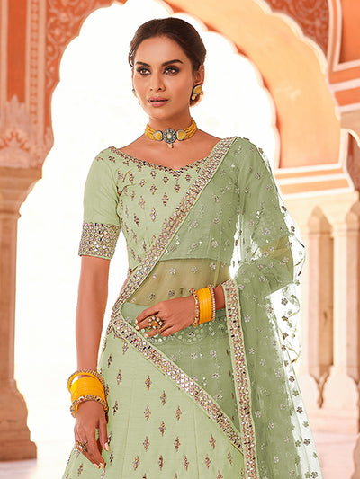 Green Embroidered Art Silk Semi Stitched Lehenga With Unstitched Blouse