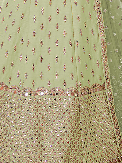 Green Embroidered Art Silk Semi Stitched Lehenga With Unstitched Blouse