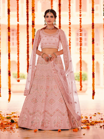 Pink Embroidered Organza Semi Stitched Lehenga With Unstitched Blouse