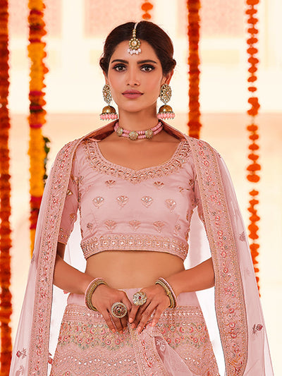 Pink Embroidered Organza Semi Stitched Lehenga With Unstitched Blouse
