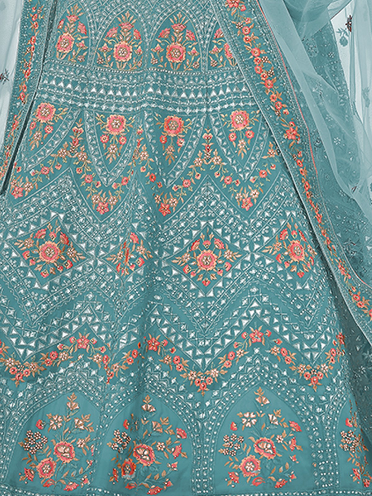 Light Blue Embroidered Organza Semi Stitched Lehenga With Unstitched Blouse