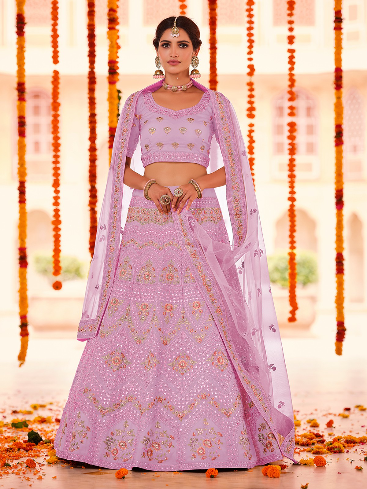 Purple Embroidered Organza Semi Stitched Lehenga With Unstitched Blouse