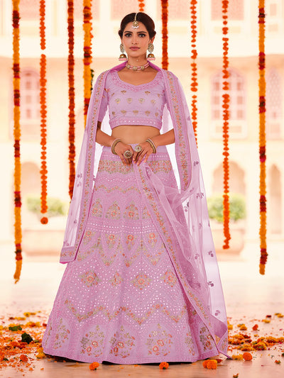 Purple Embroidered Organza Semi Stitched Lehenga With Unstitched Blouse
