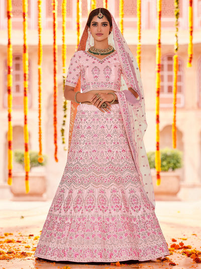 Pink Crepe Semi Stitched Lehenga With Unstitched Blouse