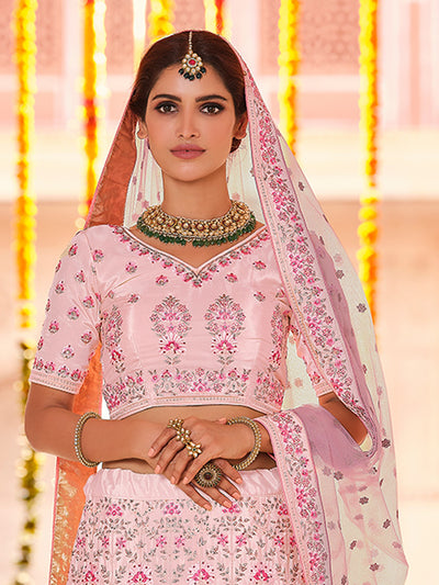 Pink Crepe Semi Stitched Lehenga With Unstitched Blouse