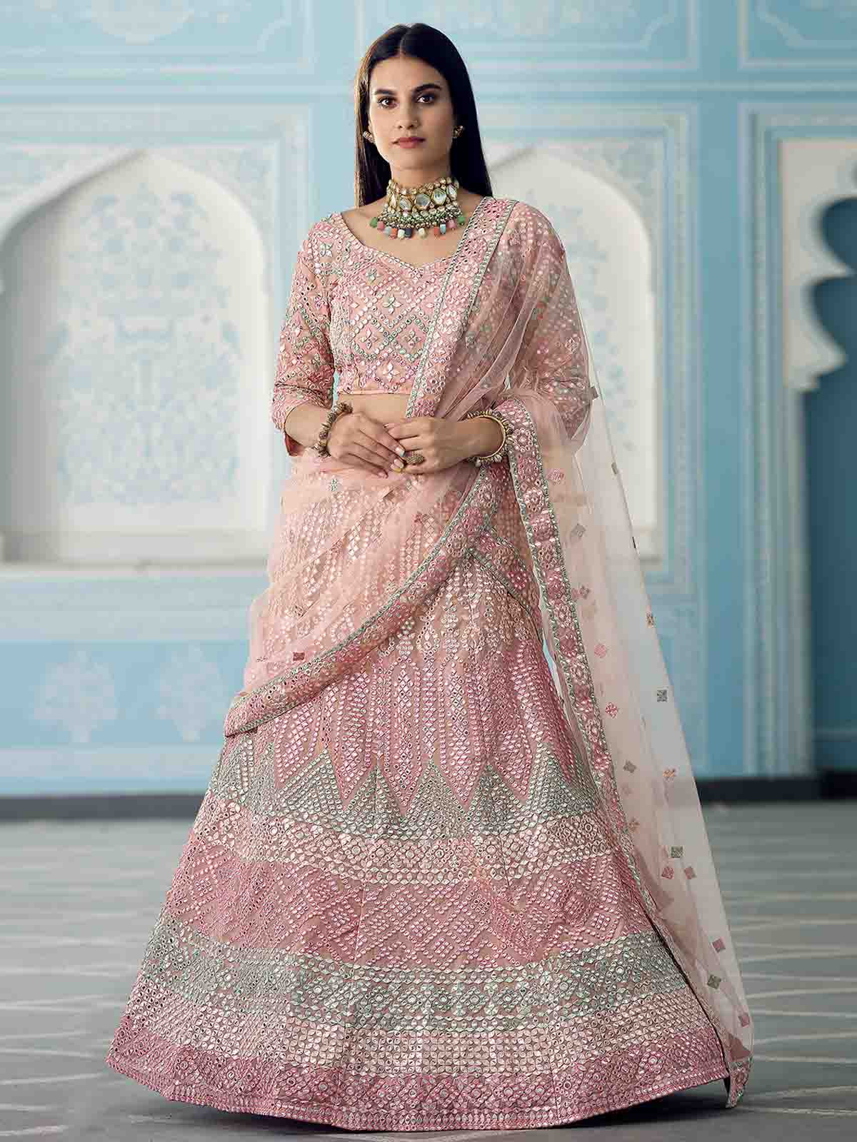 Buy Bridal Lehenga - Royal Multicolor Pink & Peach Embroidered Lehenga –  Empress Clothing