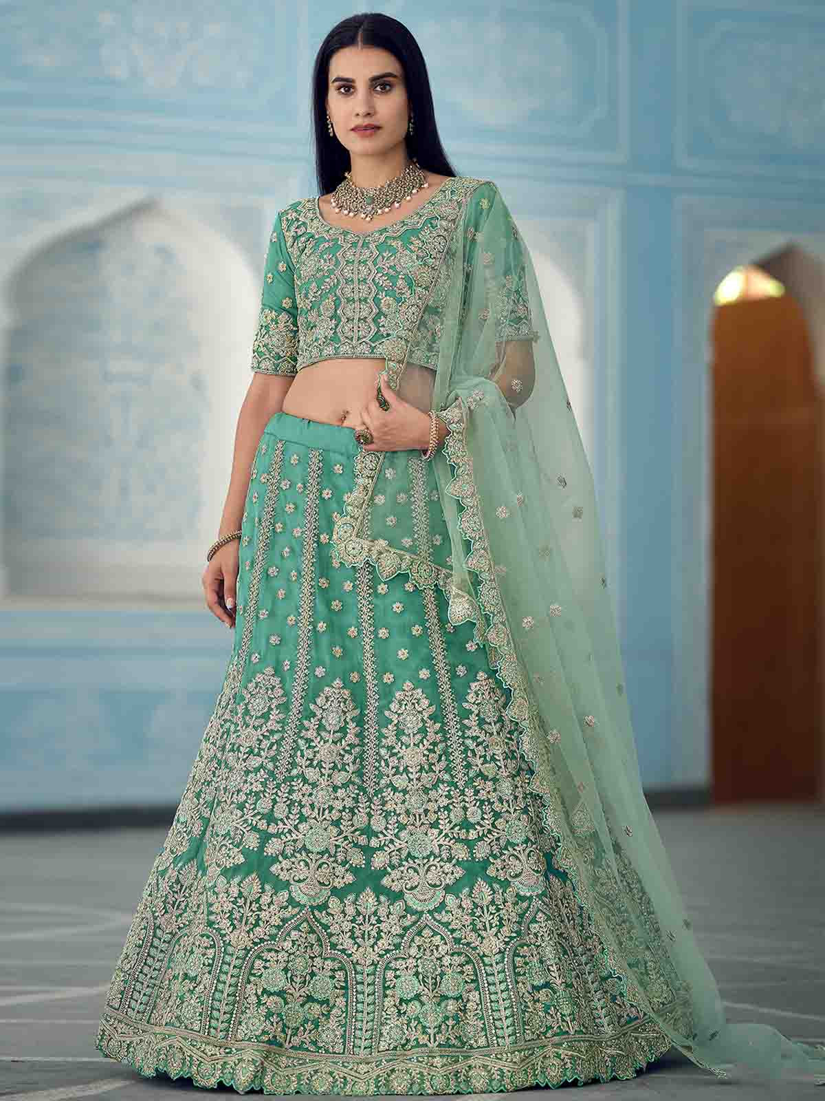 Green Sequins Sassy Semi Stitched Lehenga With  Unstitched Blouse