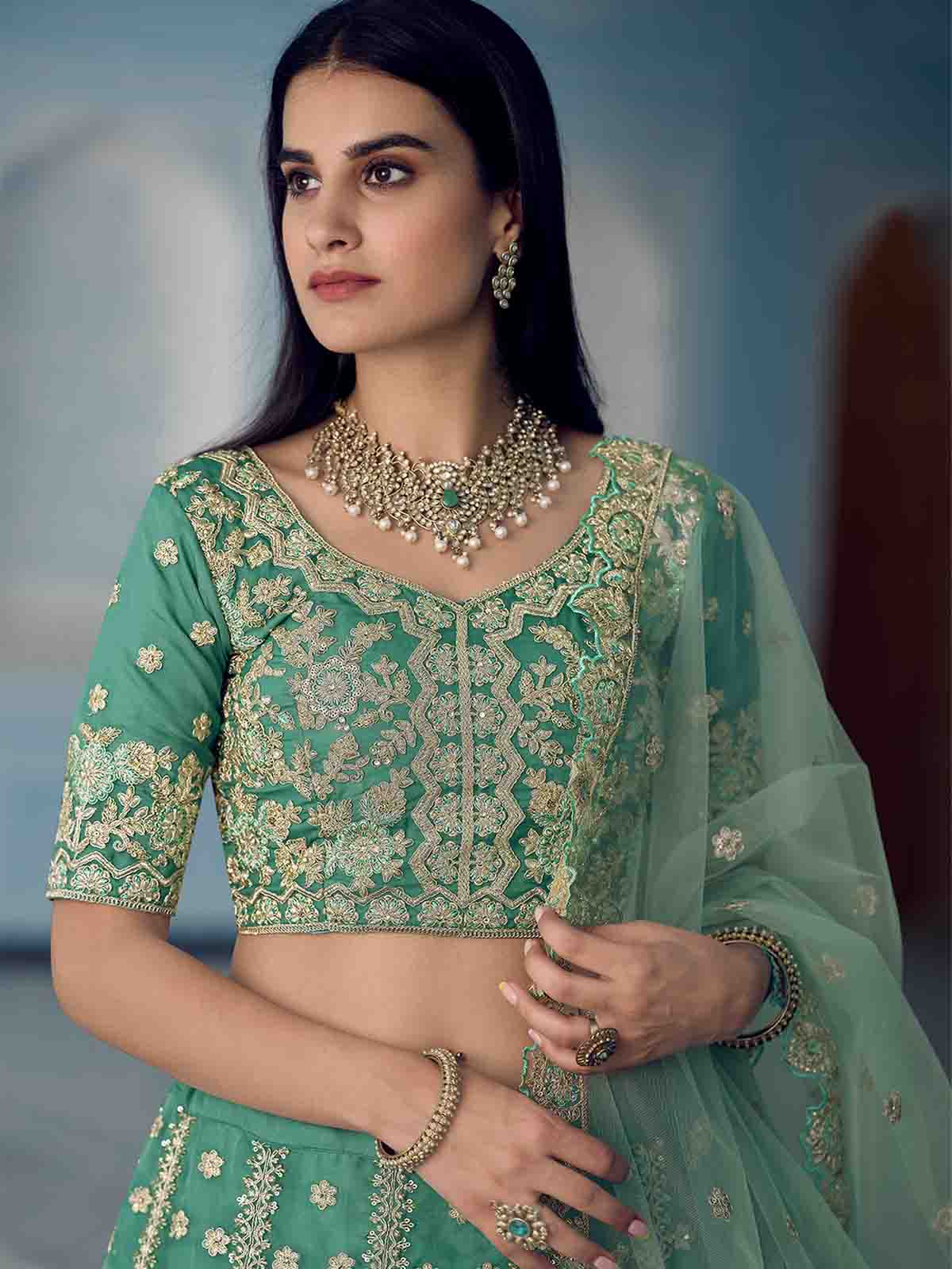 Green Sequins Sassy Semi Stitched Lehenga With  Unstitched Blouse