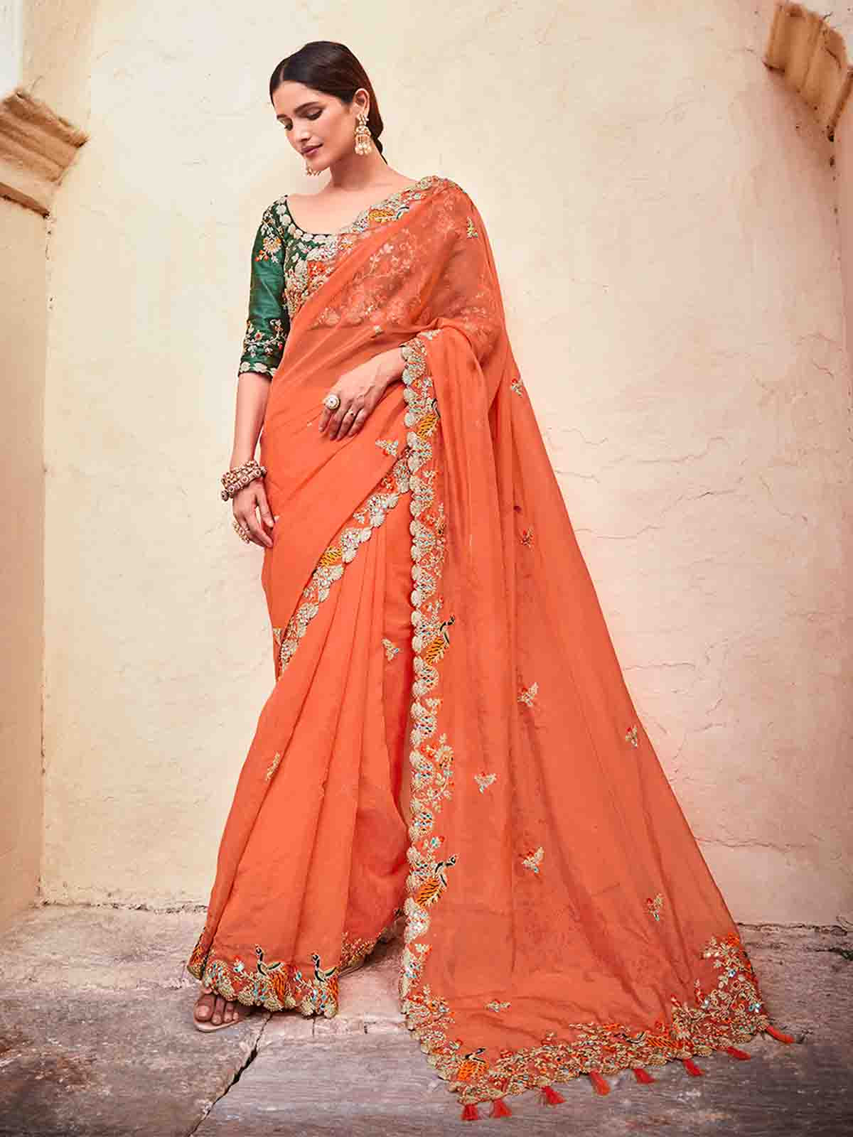Orange Organza Embroidered Saree With Unstitched Blouse
