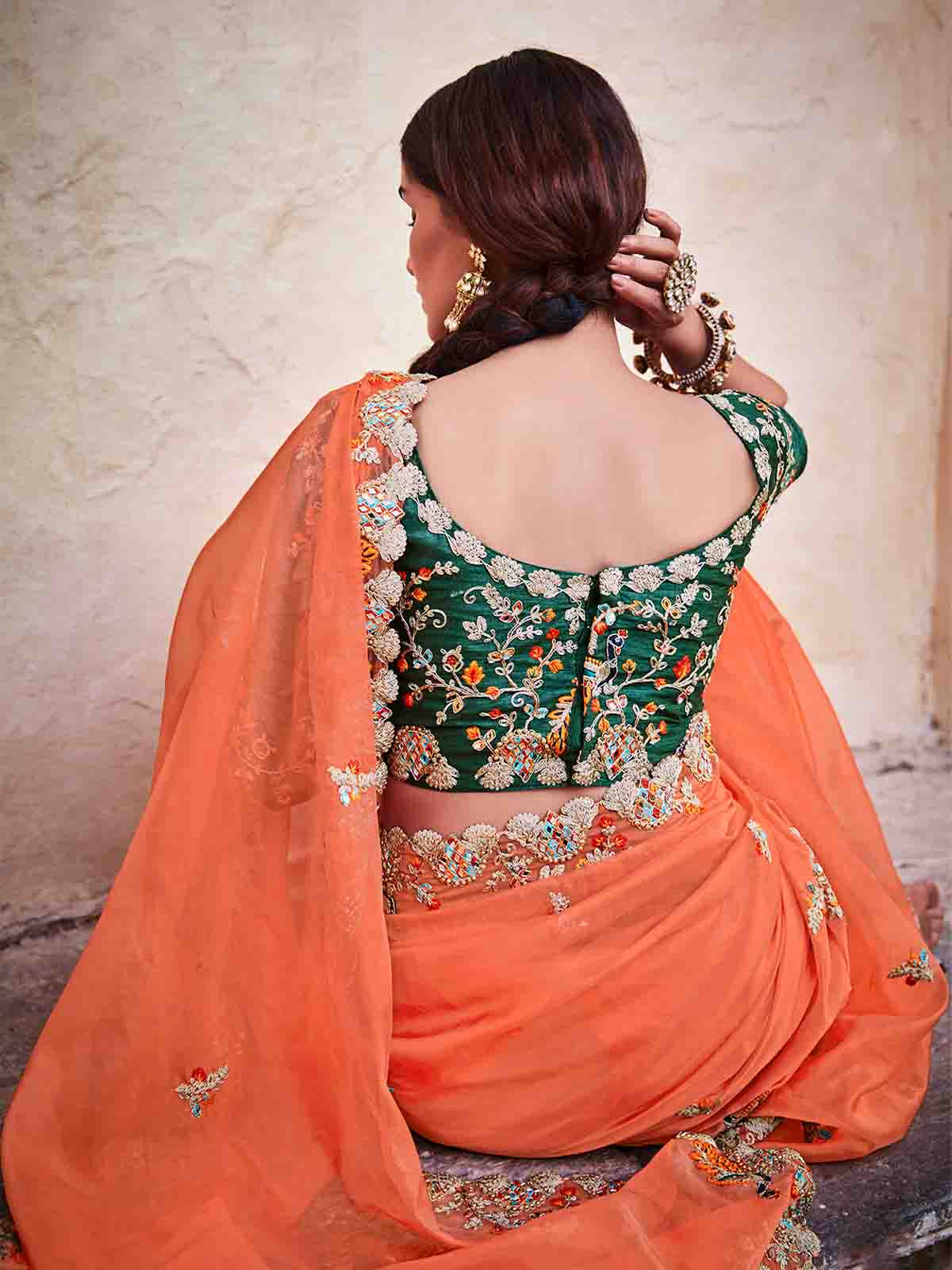 Orange Organza Embroidered Saree With Unstitched Blouse