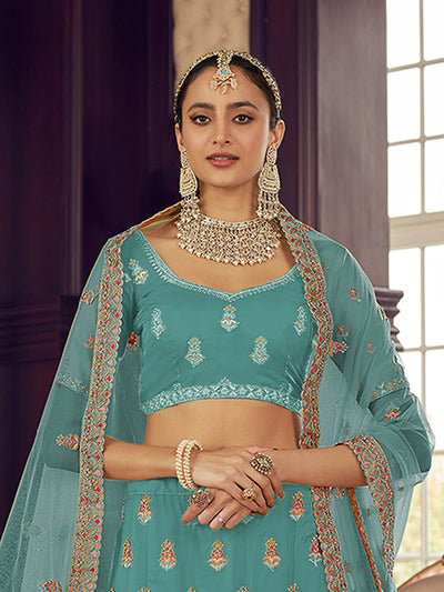Light Blue Embroidered Organza Semi Stitched Lehenga With Unstitched Blouse