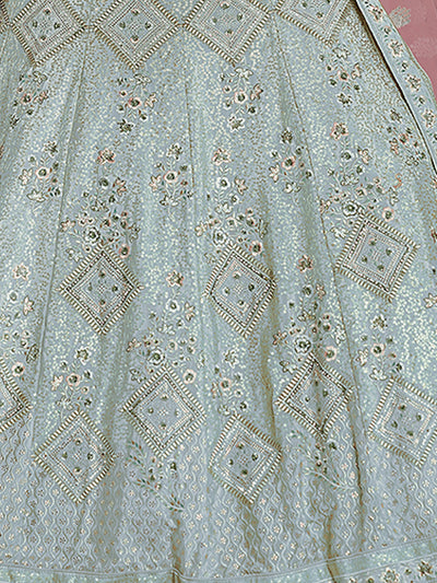 Light Blue Embroidered Crepe Semi Stitched Lehenga With Unstitched Blouse