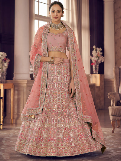 Peach Embroidered Organza Semi Stitched Lehenga With Unstitched Blouse