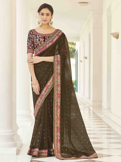 Olive Organza Embroidered Saree With Unstitched Blouse