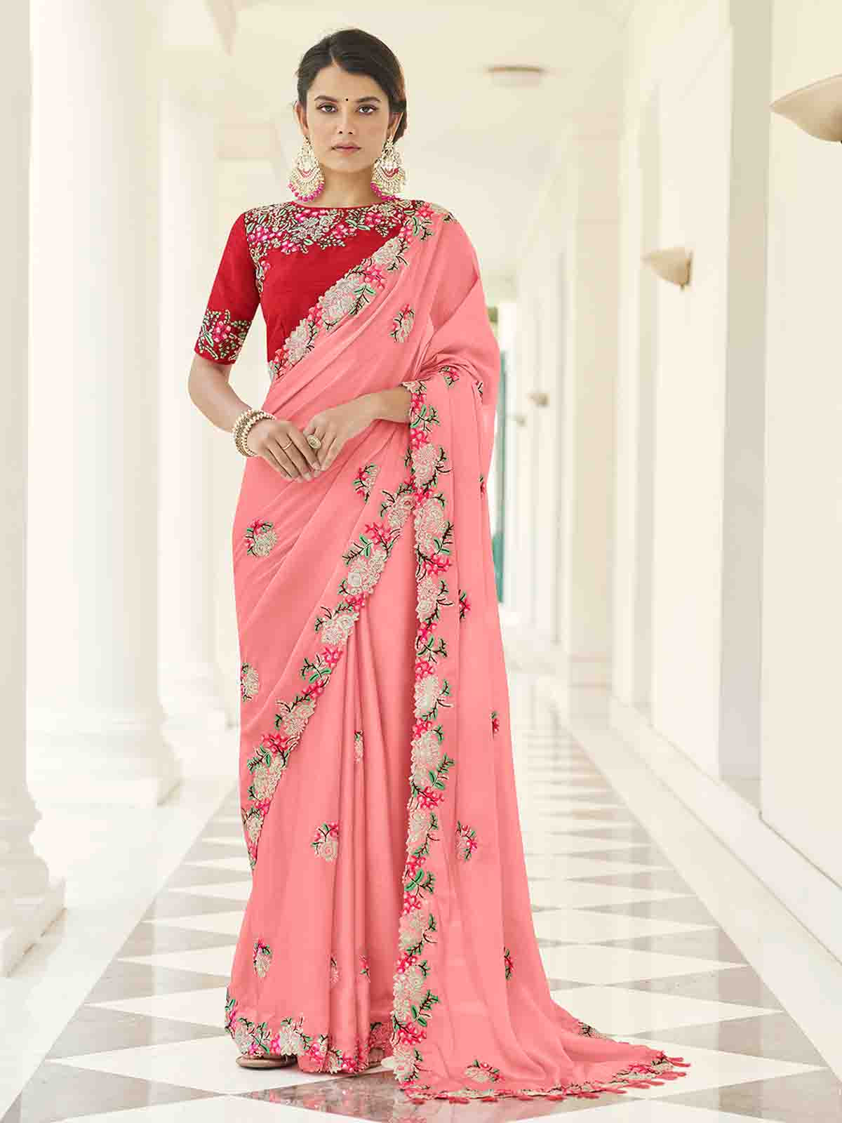 Pink Georgette Embroidered Saree With Unstitched Blouse