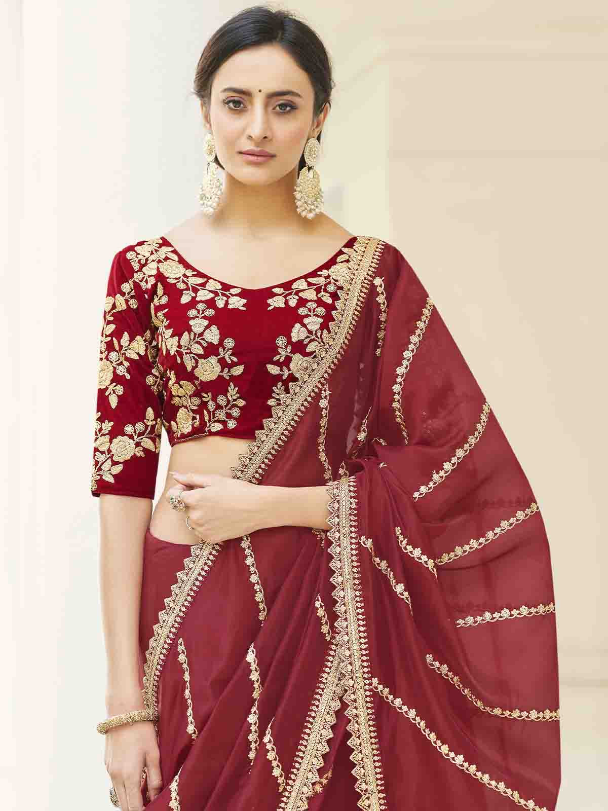Maroon Organza Embroidered Saree With Unstitched Blouse