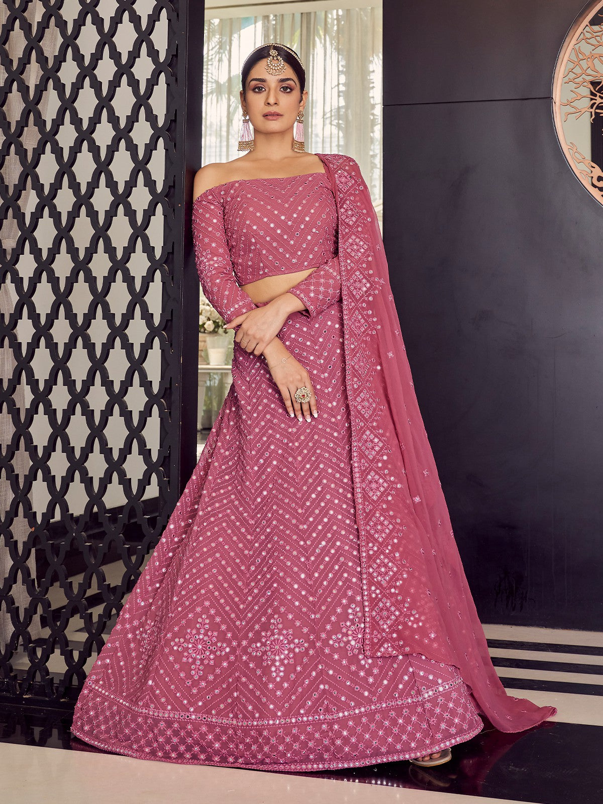 Designer Pink Semi Stitched Lehenga With  Unstitched Blouse
