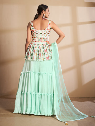 Sea Green Embroidered Georgette Semi Stitched Lehenga With Unstitched Blouse
