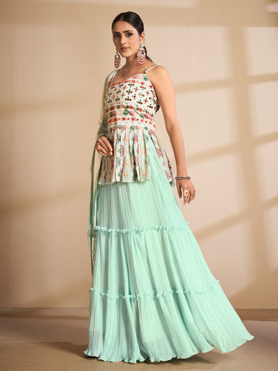 Sea Green Embroidered Georgette Semi Stitched Lehenga With Unstitched Blouse