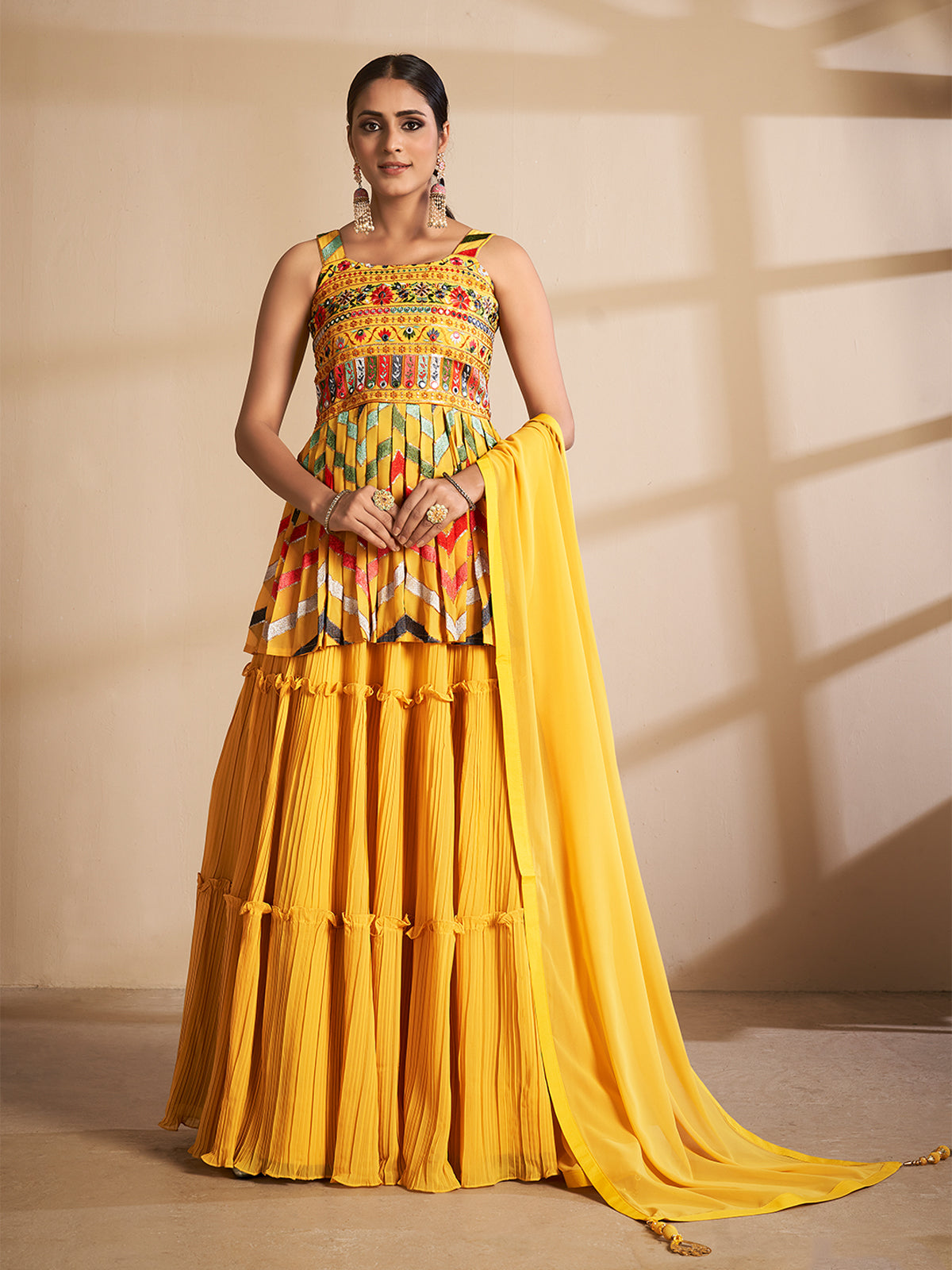 Mustard Georgette Semi Stitched Lehenga With Unstitched Blouse