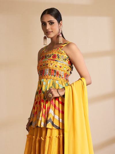 Mustard Georgette Semi Stitched Lehenga With Unstitched Blouse