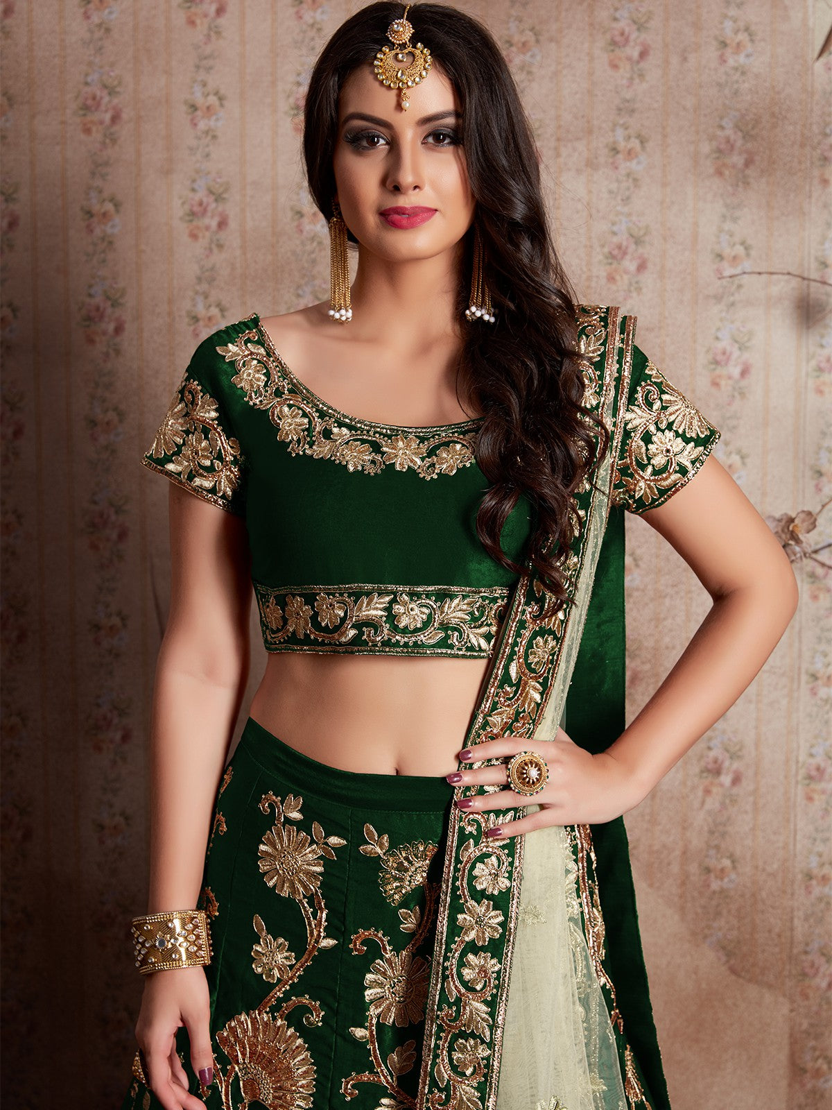 Odette Women Dark Green Embroidered Semi Stitched Lehenga With Unstitched Blouse