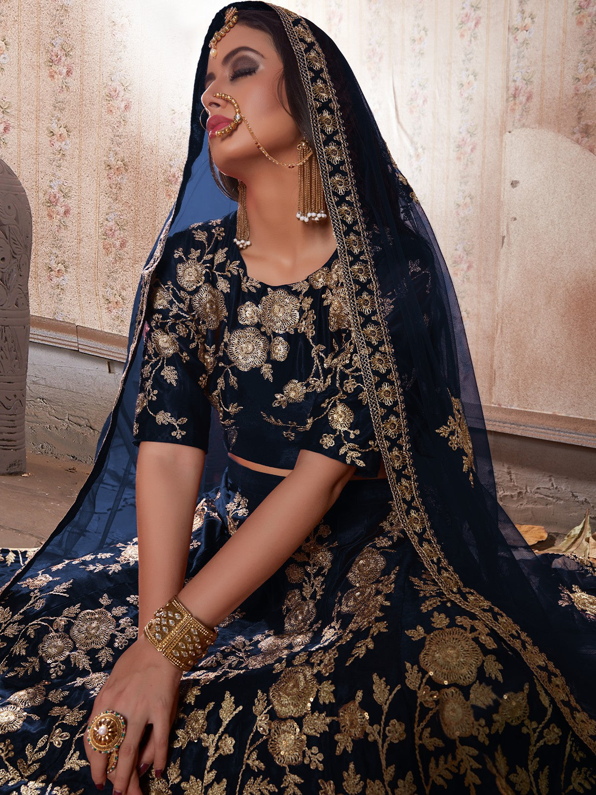 Dark Blue Embroidered Semi Stitched Lehenga With Unstitched Blouse