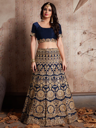 Dark Blue Embroidered Semi Stitched Lehenga With Unstitched Blouse