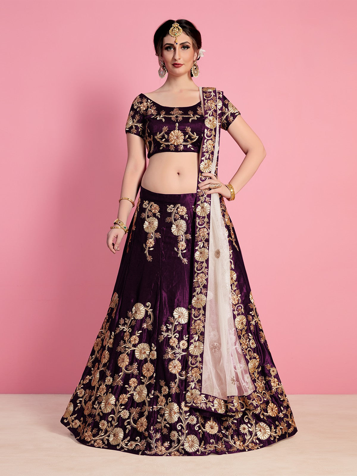 Voilet Embroidered Semi Stitched Lehenga With Unstitched Blouse