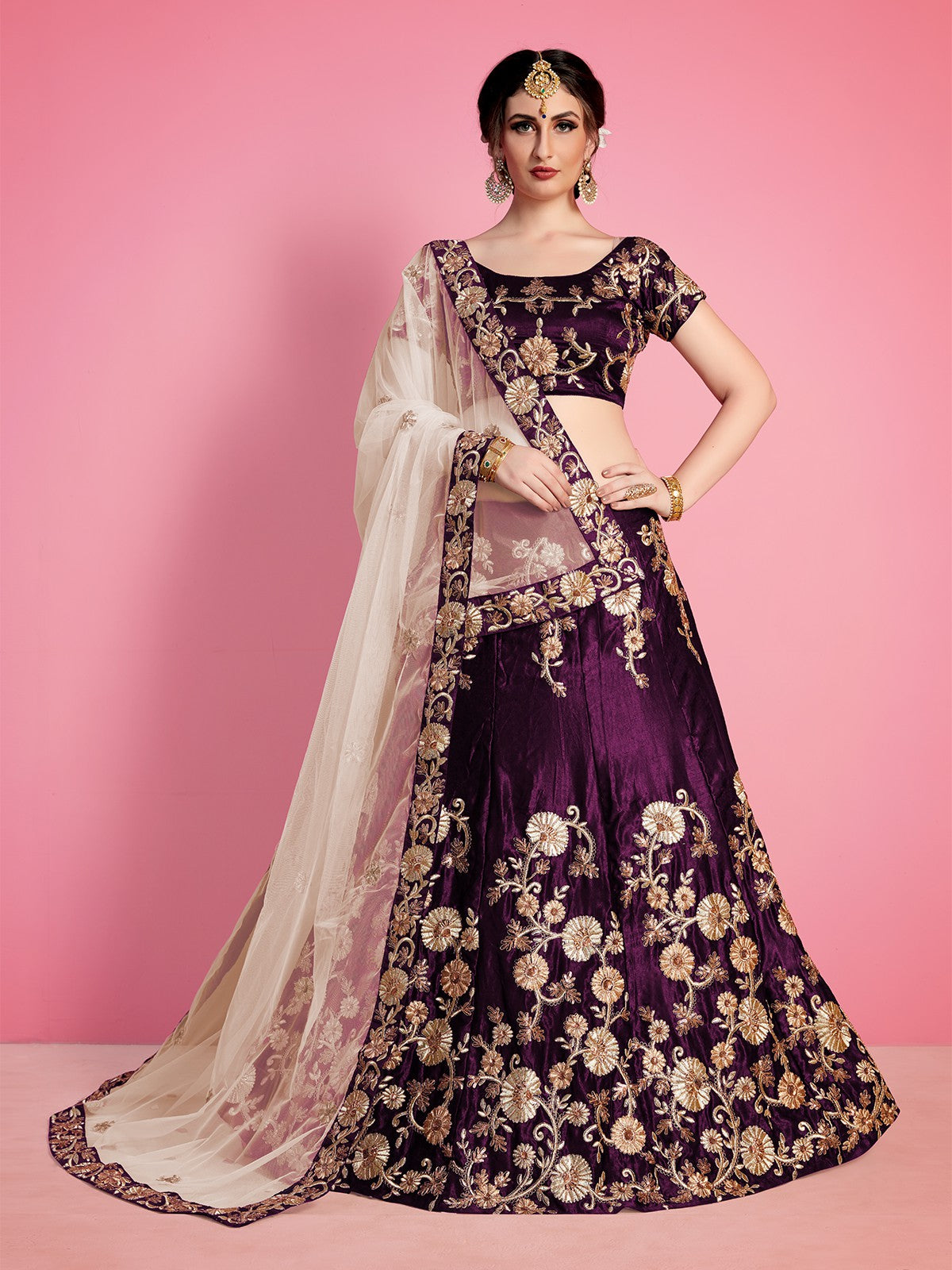 Voilet Embroidered Semi Stitched Lehenga With Unstitched Blouse