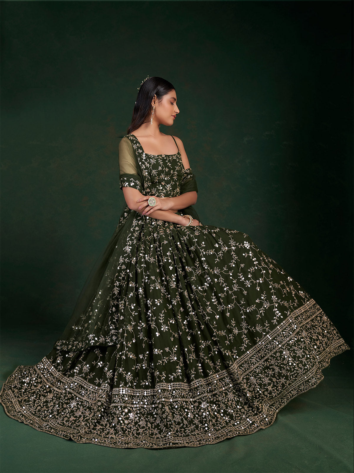 Odette Women Dark Green Embroidered Bridal Semi Stitched Lehenga With Unstitched Blouse