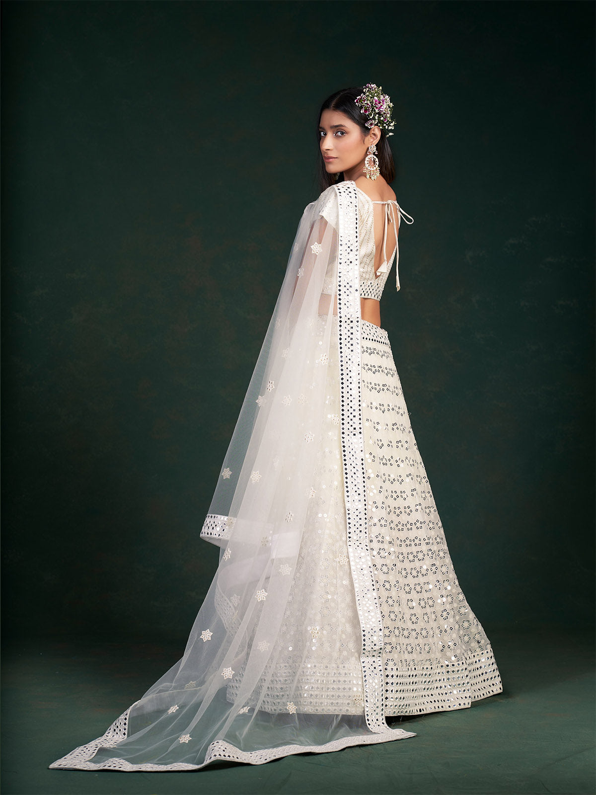 Odette Women White Embroidered Festive Semi Stitched Lehenga With Unstitched Blouse