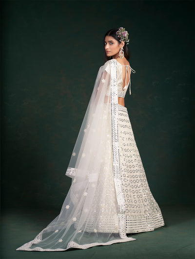 Odette Women White Embroidered Festive Semi Stitched Lehenga With Unstitched Blouse