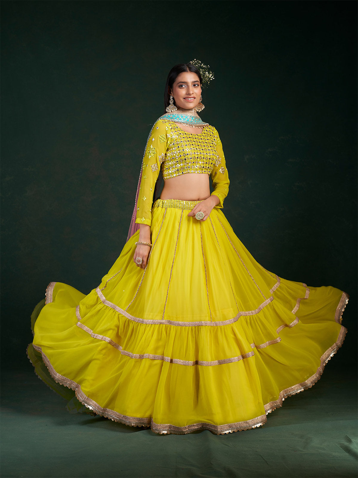 Odette Women Lime Embroidered Festive Semi Stitched Lehenga With Unstitched Blouse