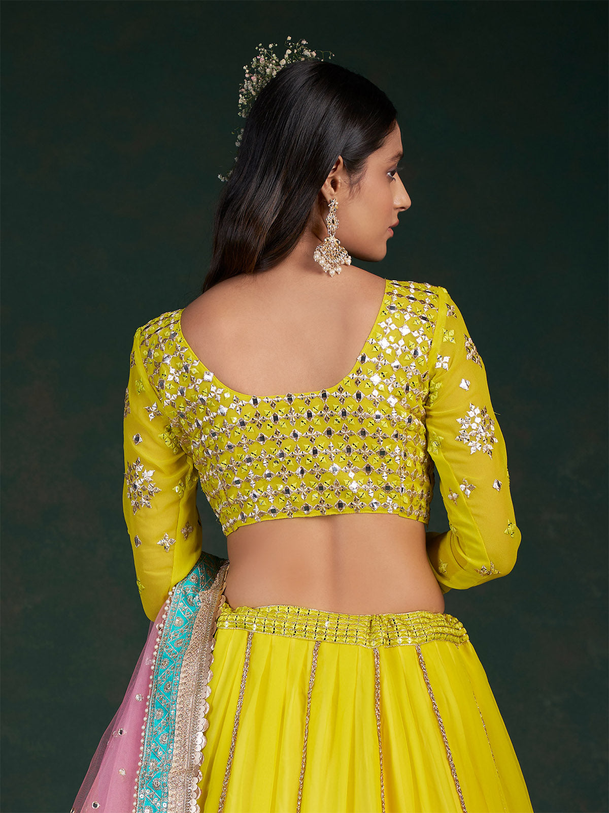 Odette Women Lime Embroidered Festive Semi Stitched Lehenga With Unstitched Blouse