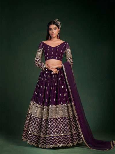 Odette Women Violet Embroidered Bridal Semi Stitched Lehenga With Unstitched Blouse