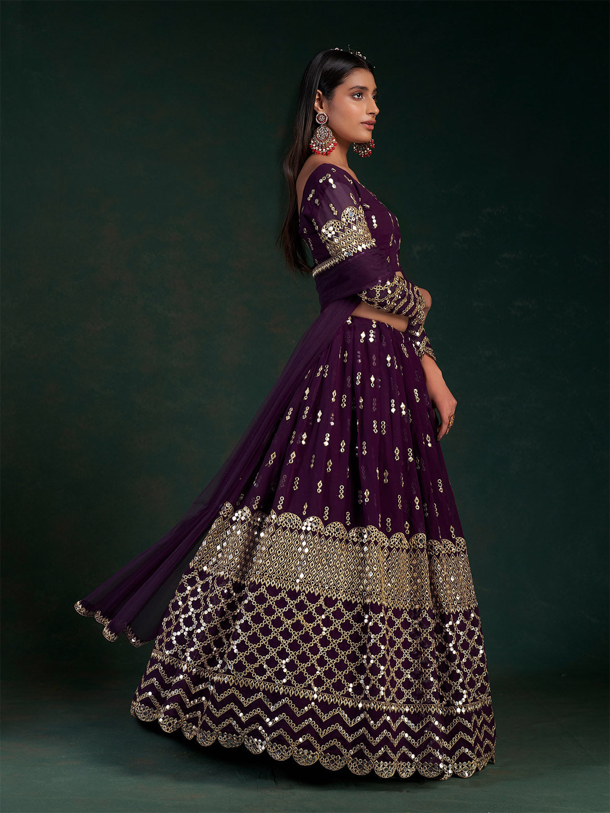 Odette Women Violet Embroidered Bridal Semi Stitched Lehenga With Unstitched Blouse