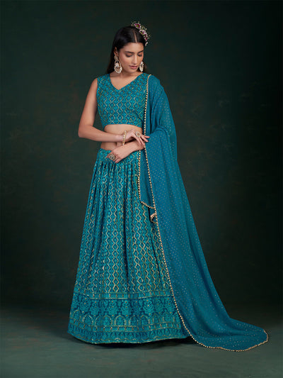 Odette Women Teal Embroidered Bridal Semi Stitched Lehenga With Unstitched Blouse