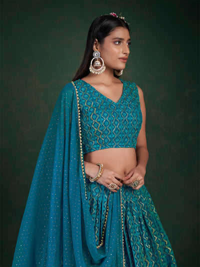 Odette Women Teal Embroidered Bridal Semi Stitched Lehenga With Unstitched Blouse