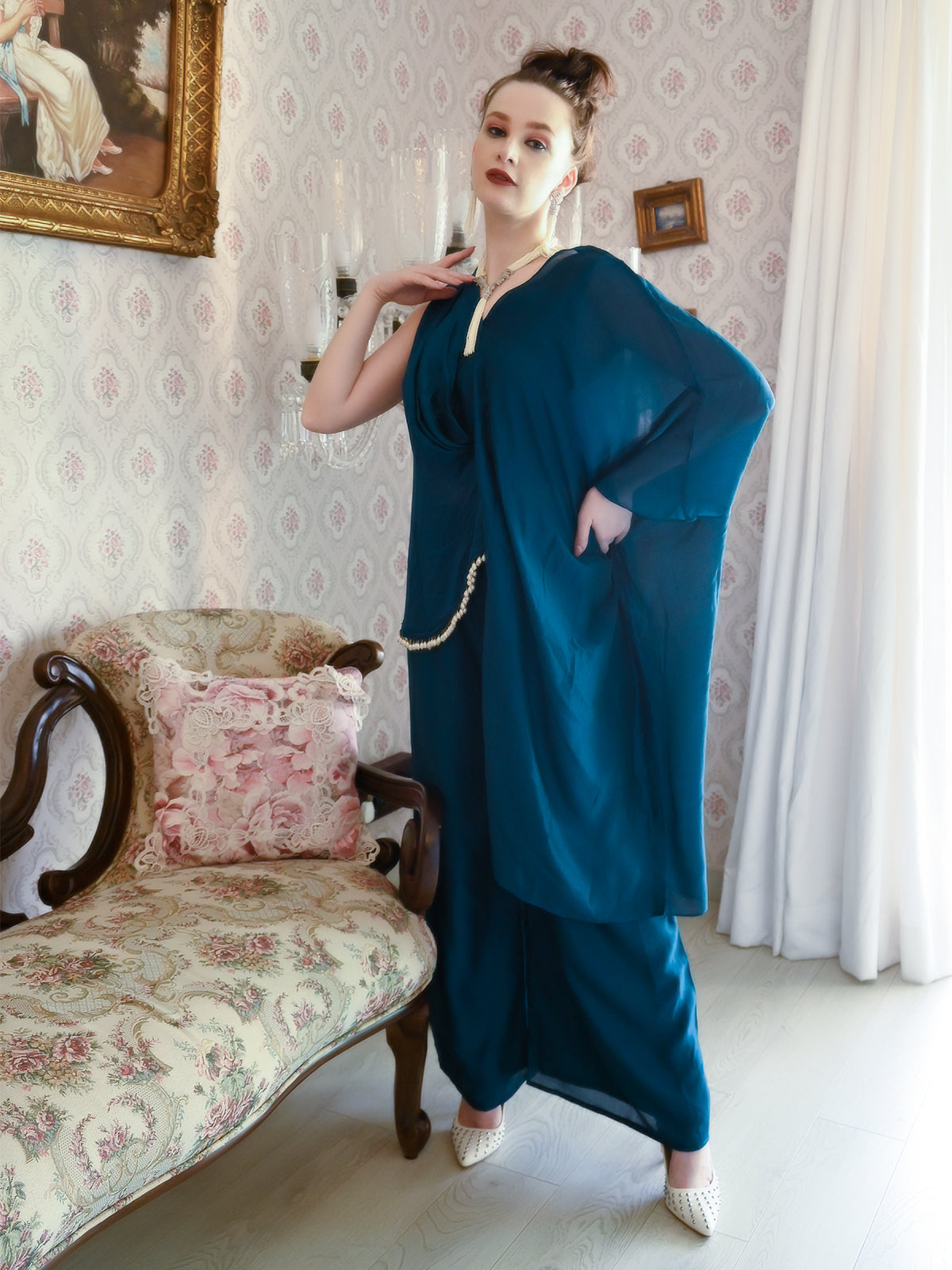 Odette Women Teal Crepe Designer Stitched Indo-Western Co-Ord Set