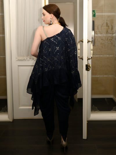 Odette Women Blue One Shoulder Crepe Designer Stitched Indo-Western Co Ord Set