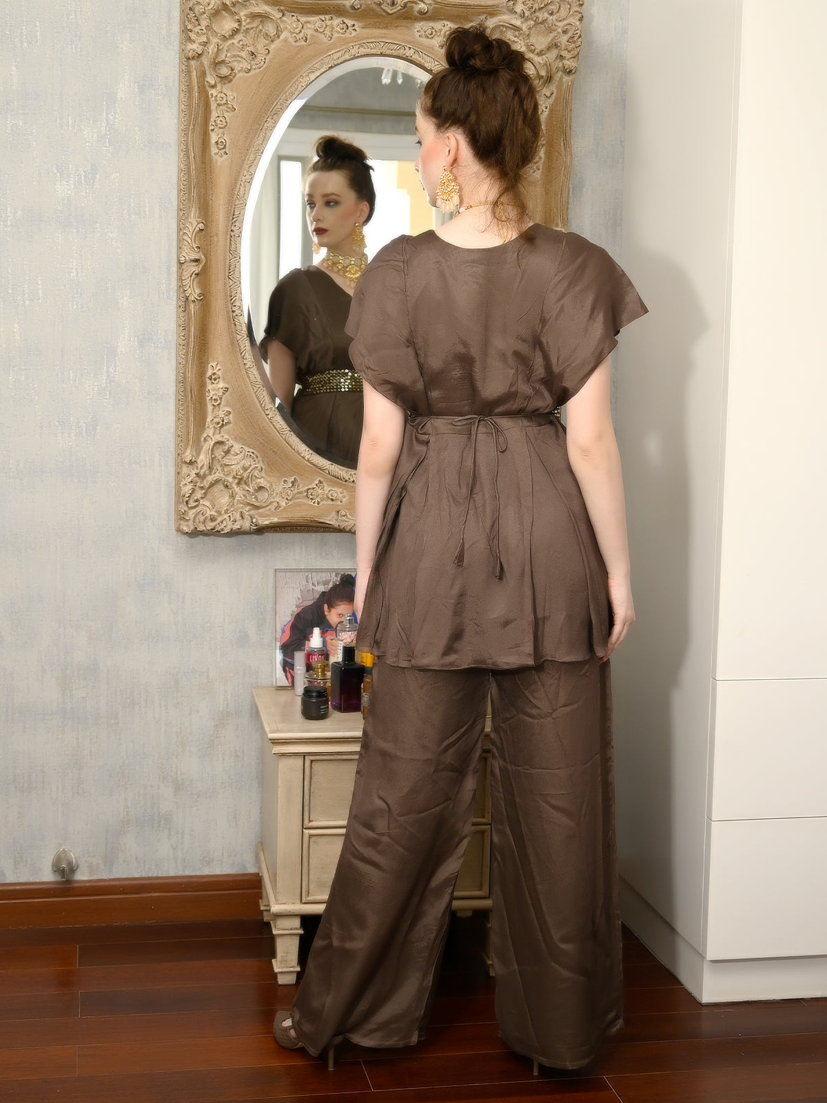 Odette Women Brown Crepe Designer Stitched Indo-Western Co-Ord Set