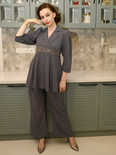 Odette Women Dark Grey Crepe Designer Indo-Western Stitched Co-Ord Set