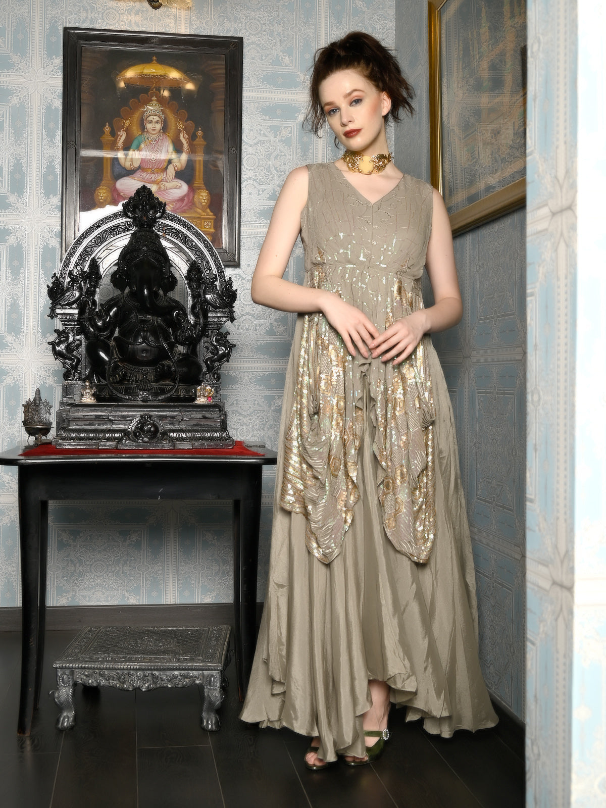 Odette Women Beige Crepe Designer Indo-Western Dress Odette Women Beige Crepe Designer Indo-Western Dress