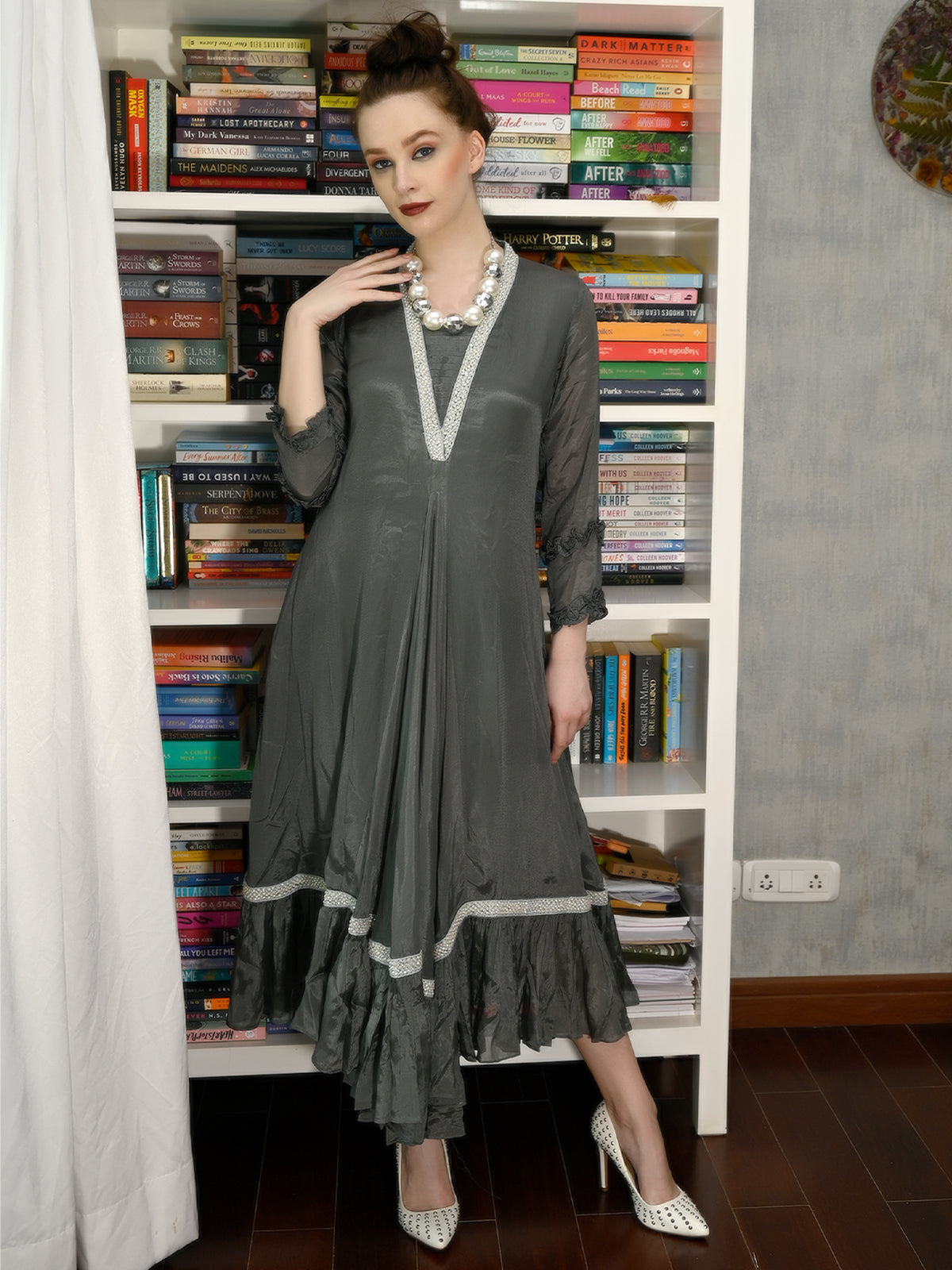 Odette Women Dark Green Crepe Designer Stitched Indo-Western Dress Odette Women Dark Green Crepe Designer Stitched Indo-Western Dress