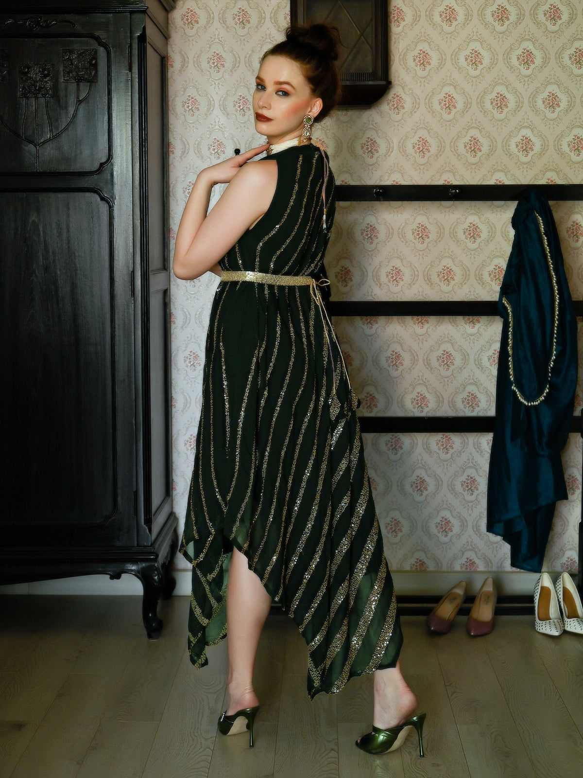 Odette Women Dark Green Crepe Designer Stitched Indo-Western Dress