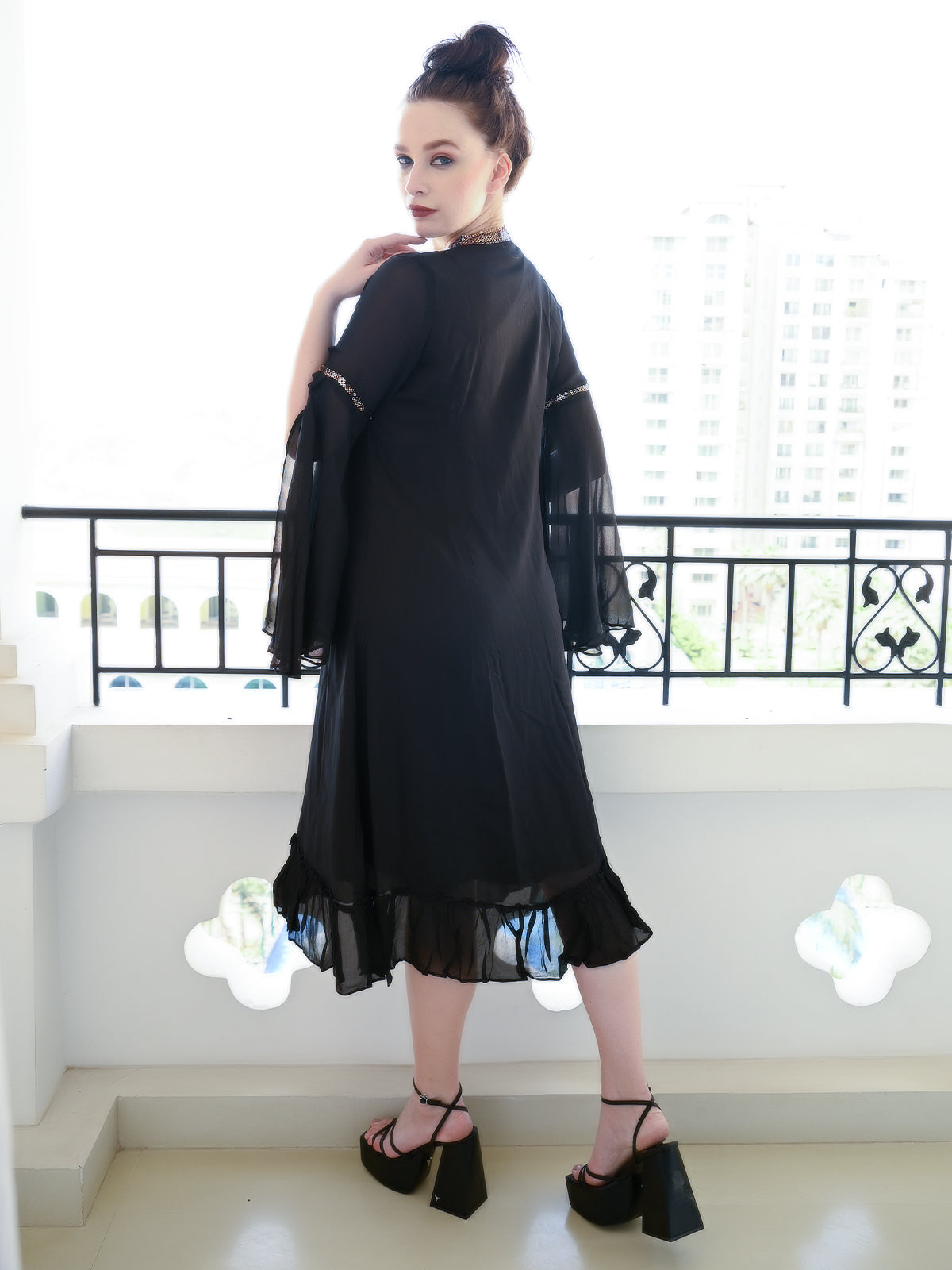 Odette Women Black Crepe Designer Stitched Indo-Western Dress